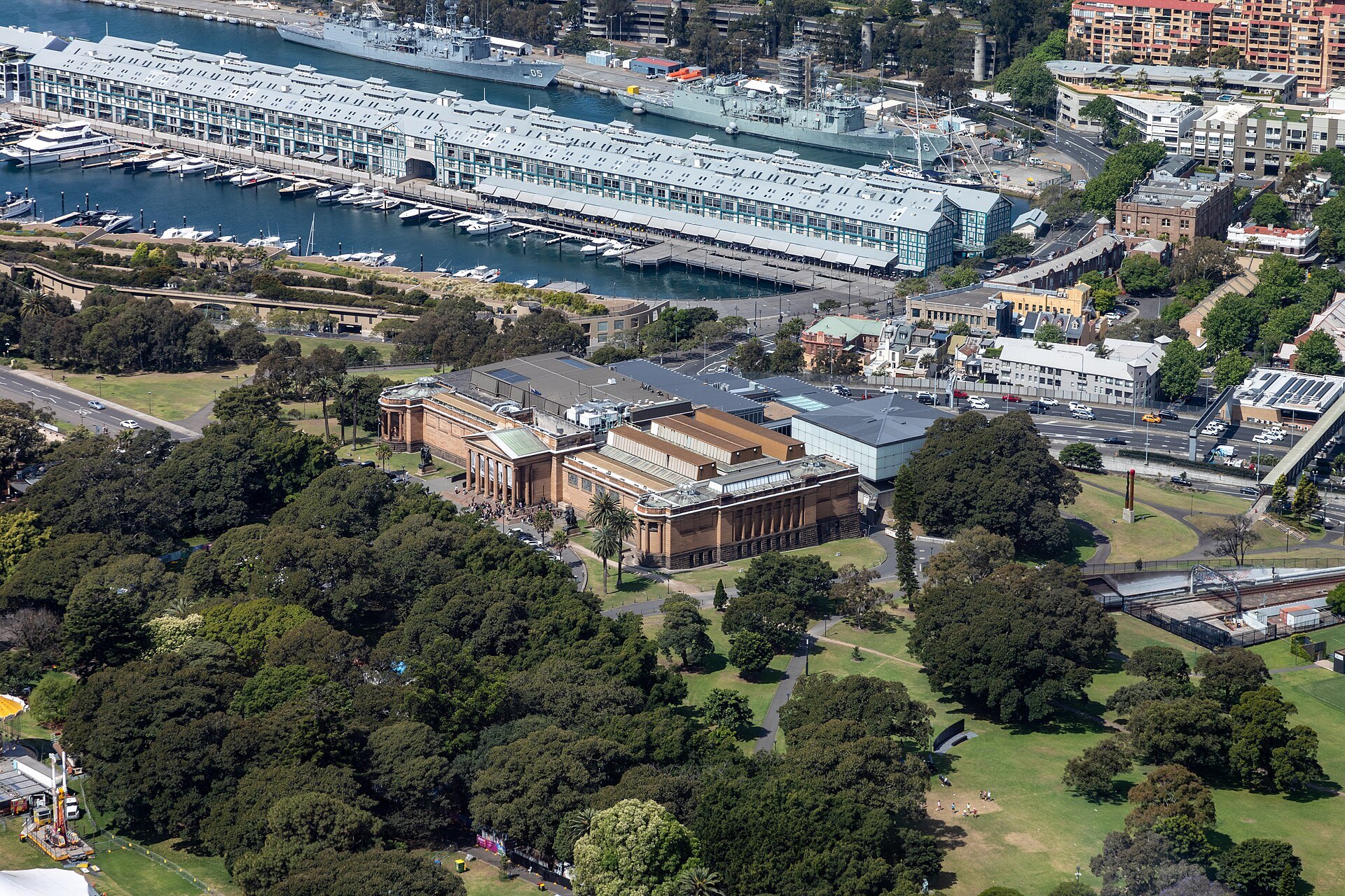 The Art Gallery and the Domain from the air, the harbour beyond