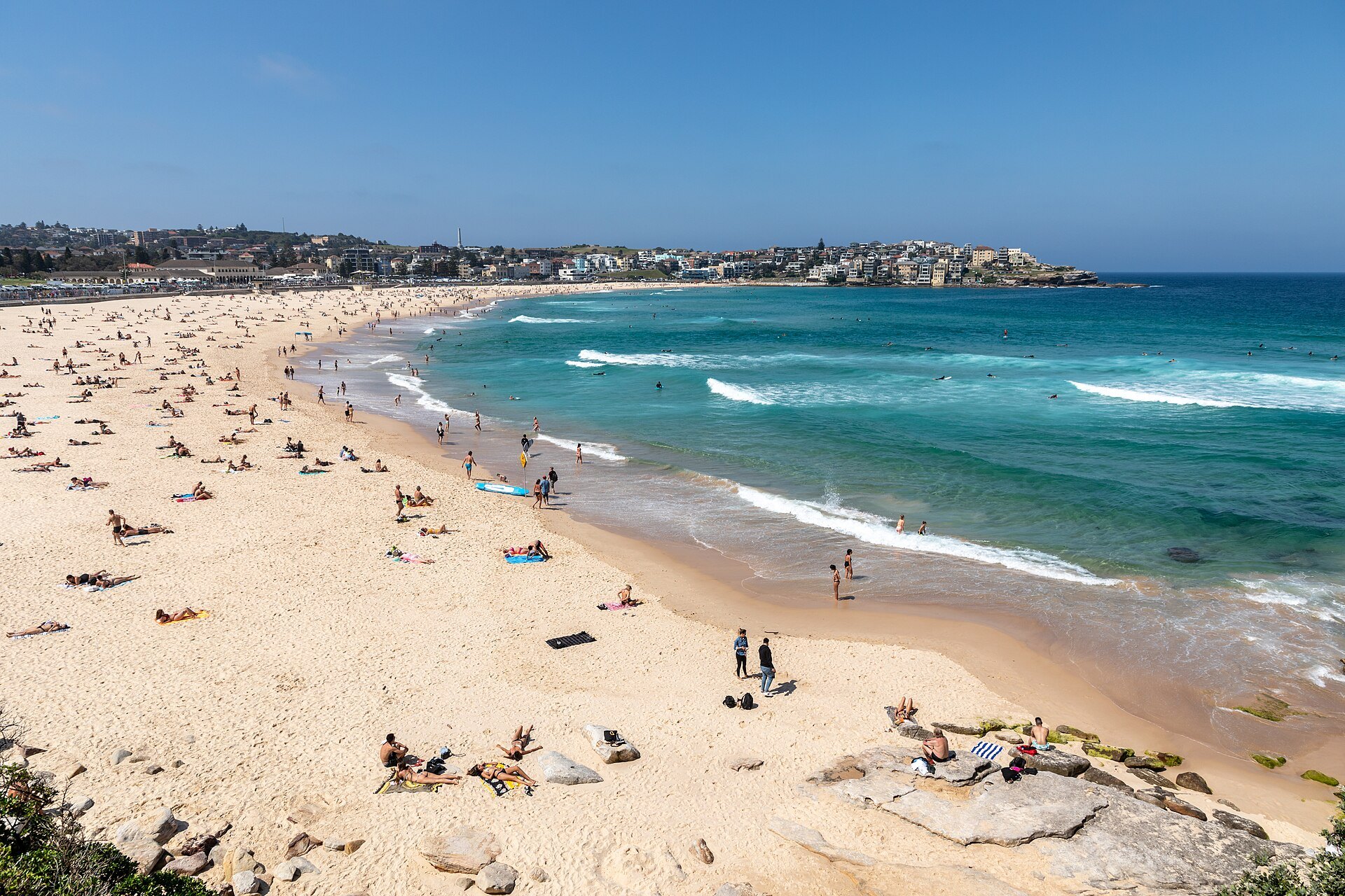 The curve of Bondi Beach from the northern headland, turquoise surf and a crowded shore