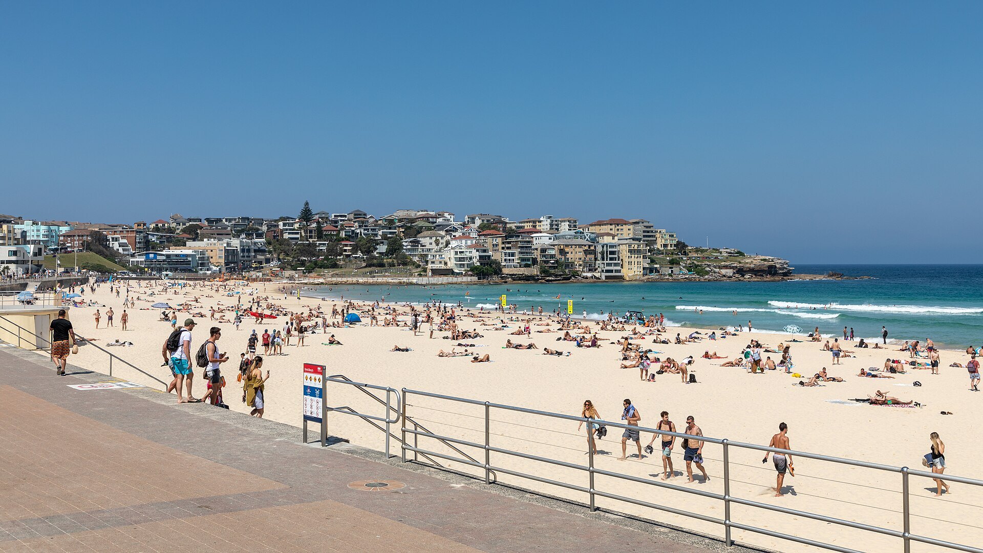 The Bondi promenade above the beach, with people walking along it