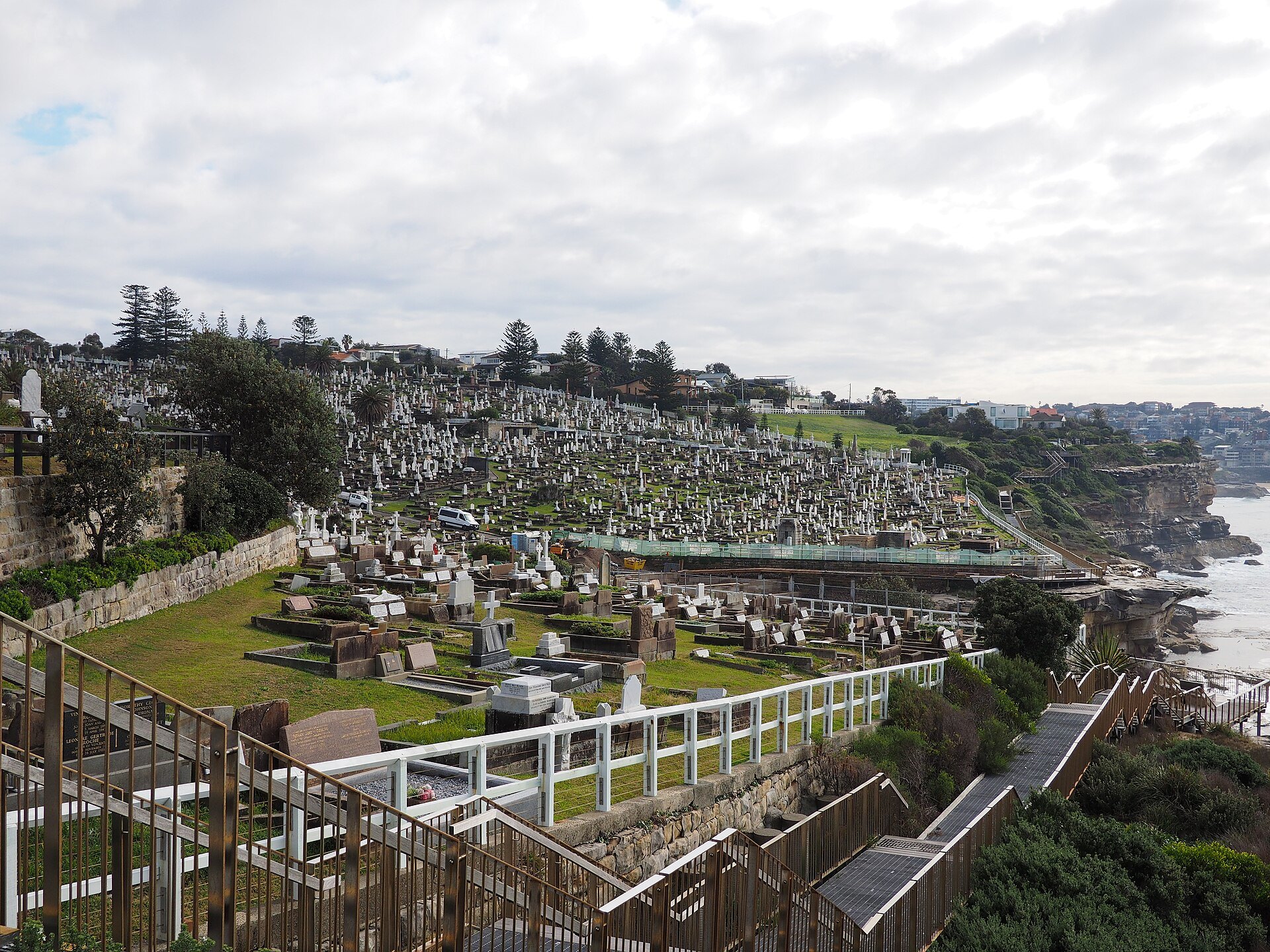 Waverley Cemetery on the clifftop above the sea, with the boardwalk running beside it