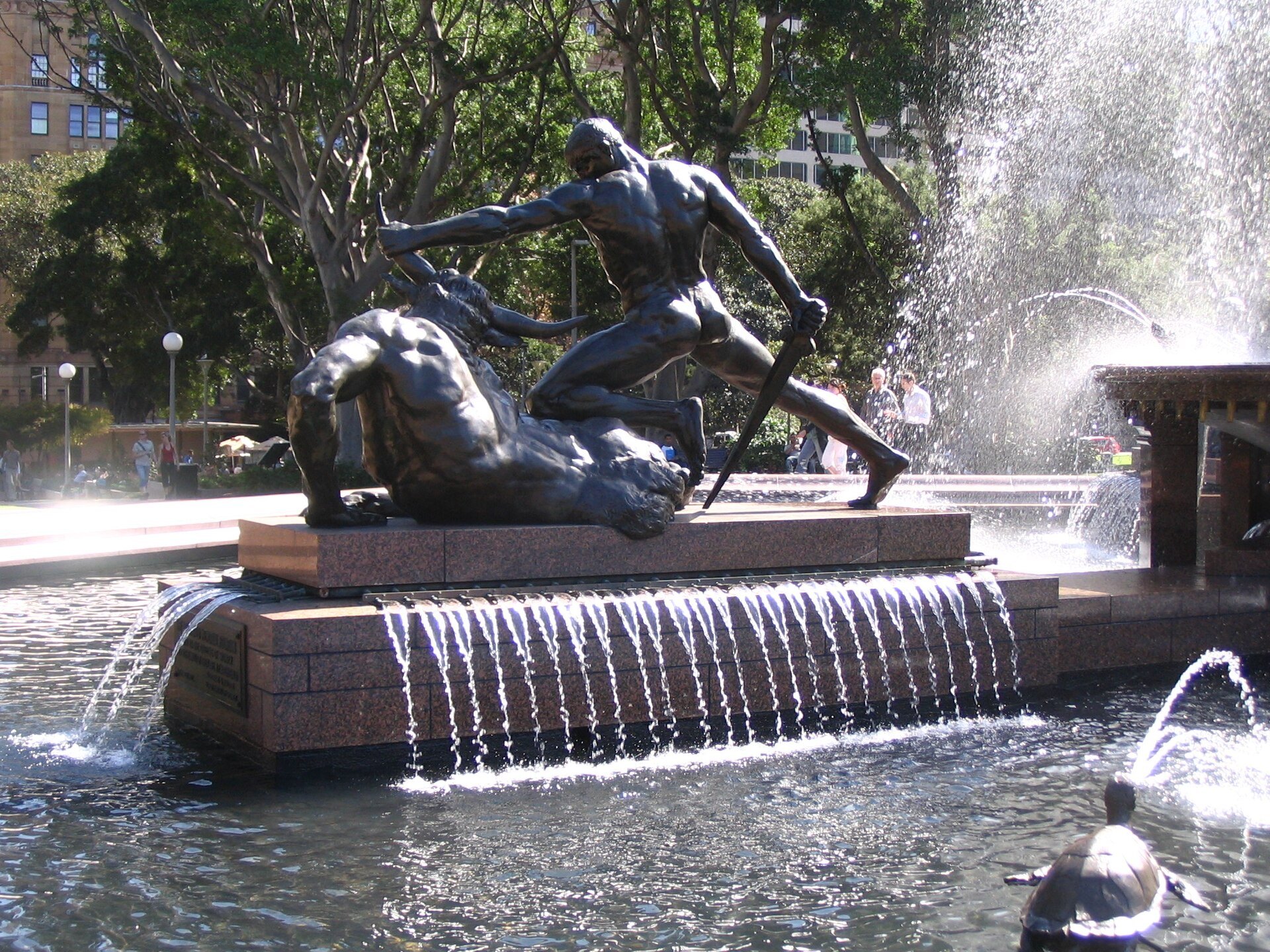 A bronze figure and falling water at the Archibald Fountain