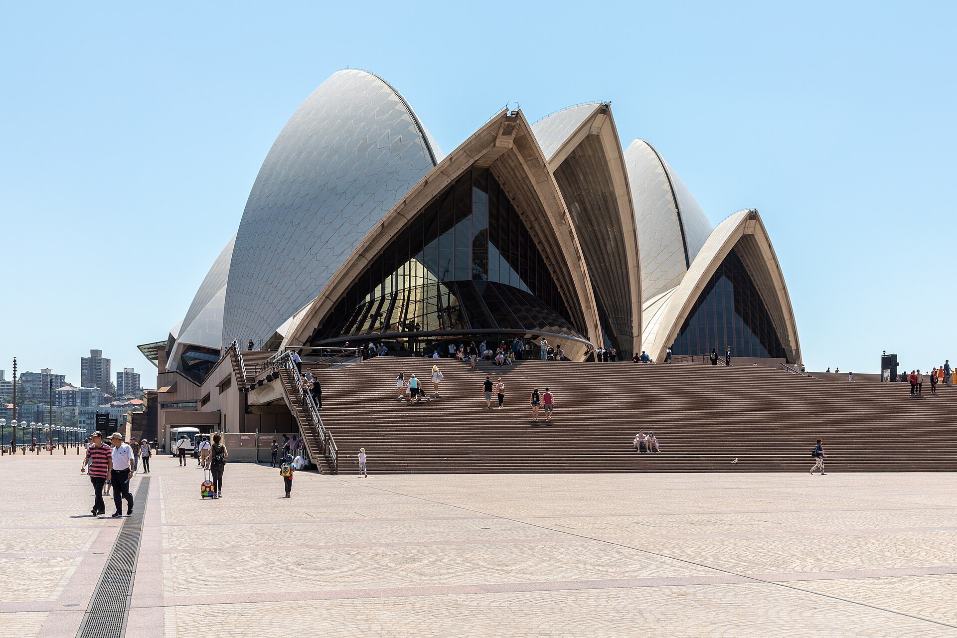 The monumental steps up to the Opera House, with people sitting on them