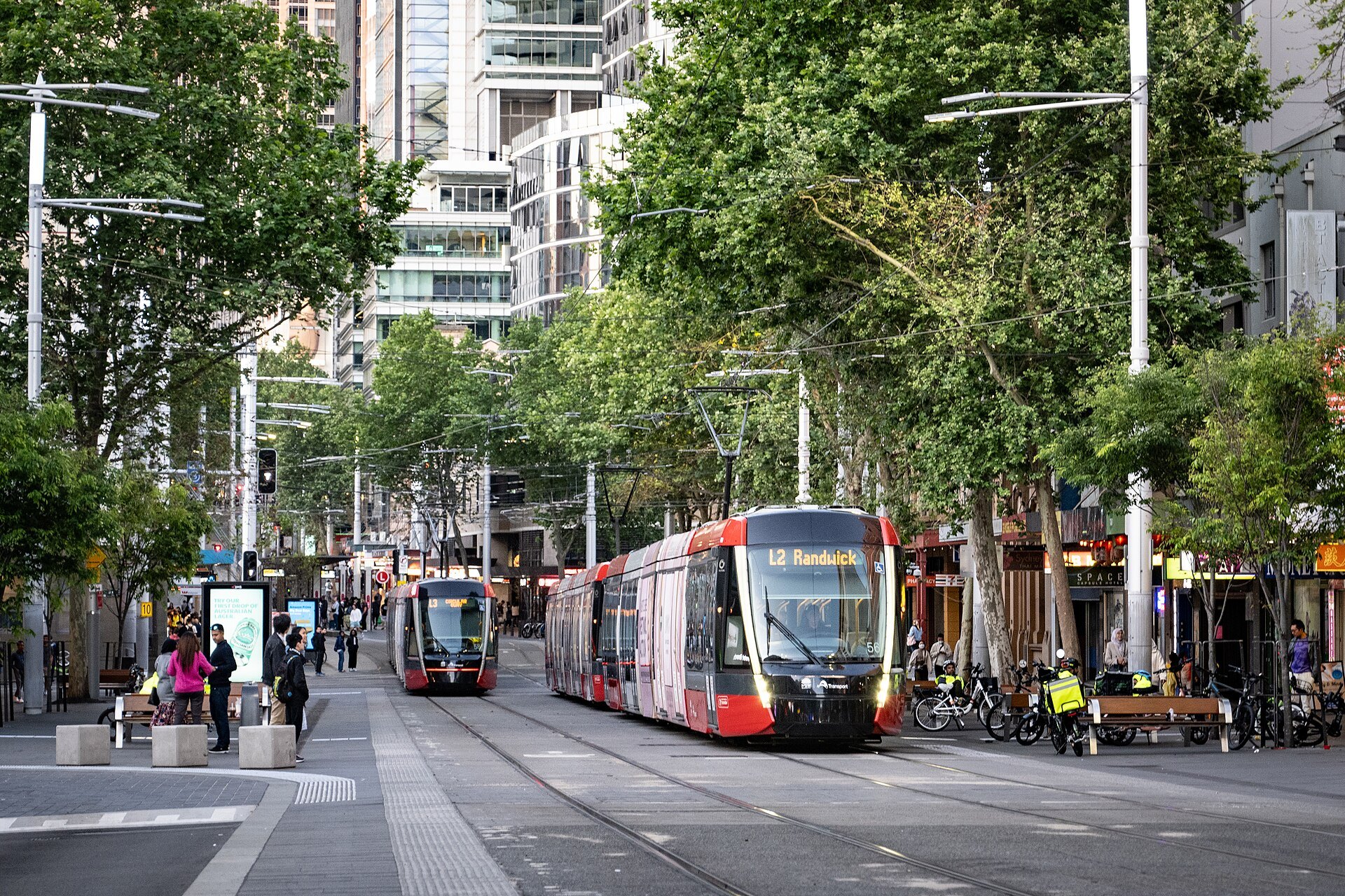 A light rail tram on the pedestrianised part of George Street in Sydney