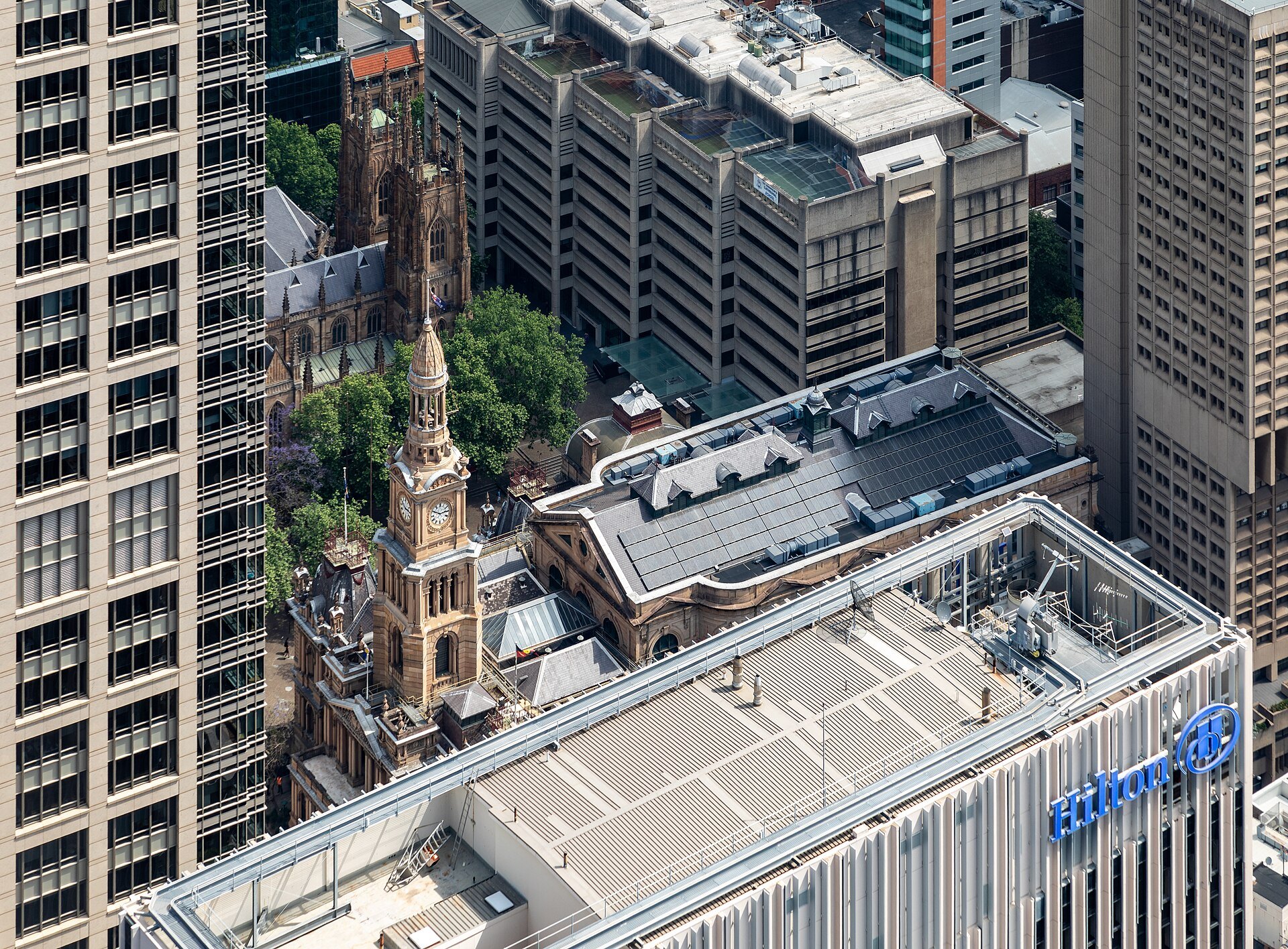 Looking down from Sydney Tower onto the rooftops and streets of the city