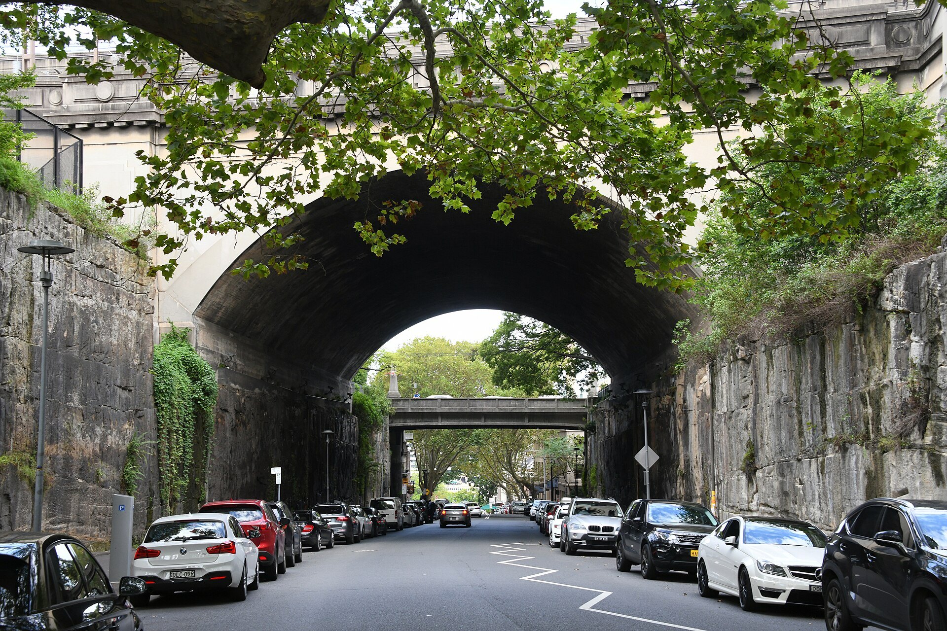 The Argyle Cut from street level, sandstone walls on both sides of the road